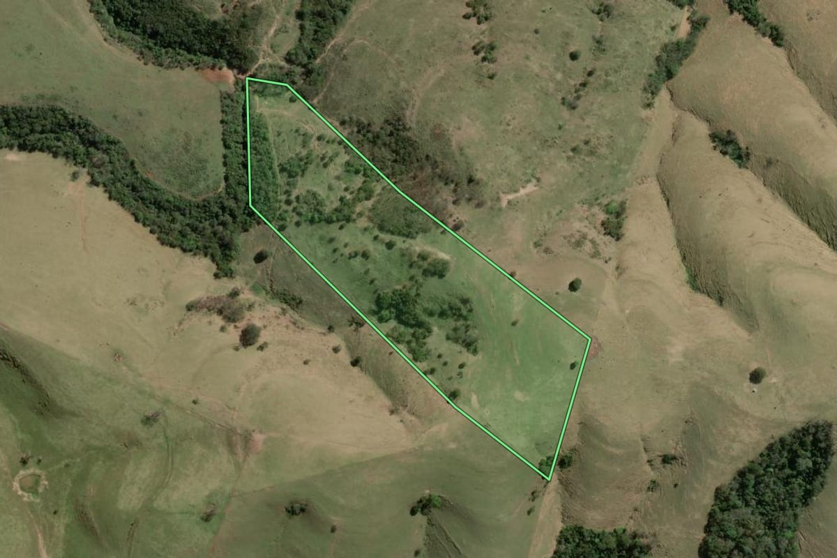 Imagem de satélite do imóvel rural em Joaquim Távora (PR), com o contorno declarado no CAR desenhado por cima.