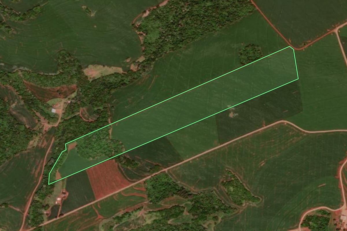 Imagem de satélite do imóvel rural em Juranda (PR), com o contorno declarado no CAR desenhado por cima.