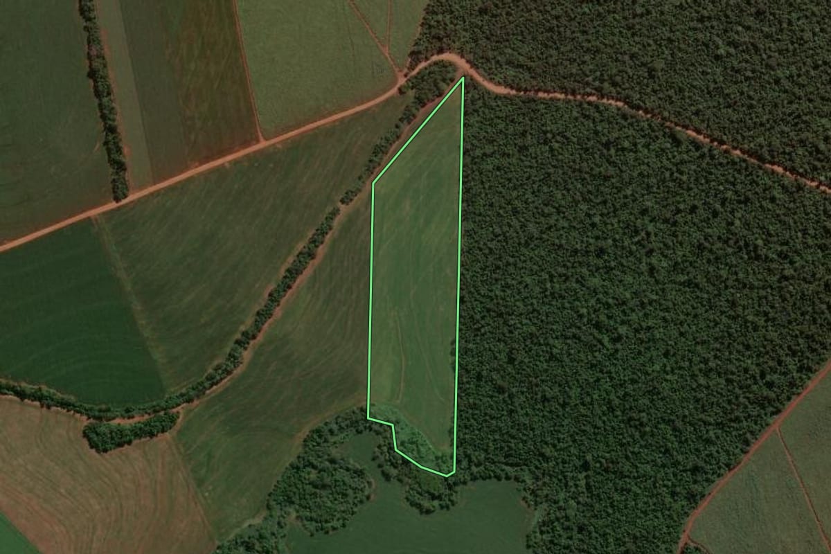 Imagem de satélite do imóvel rural em Jussara (PR), com o contorno declarado no CAR desenhado por cima.