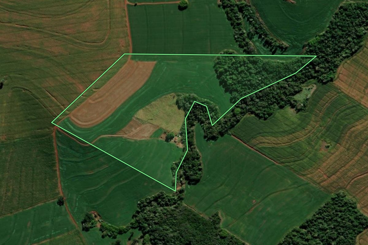 Imagem de satélite do imóvel rural em Kaloré (PR), com o contorno declarado no CAR desenhado por cima.