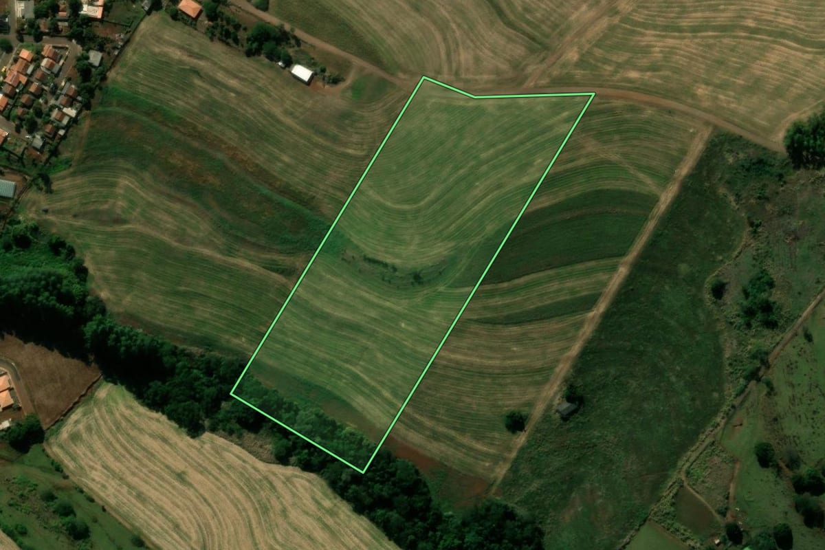 Imagem de satélite do imóvel rural em Kaloré (PR), com o contorno declarado no CAR desenhado por cima.
