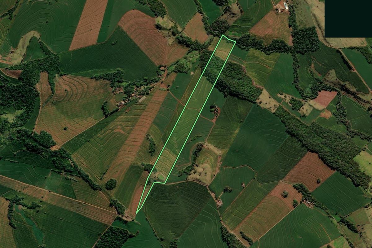 Imagem de satélite do imóvel rural em Kaloré (PR), com o contorno declarado no CAR desenhado por cima.