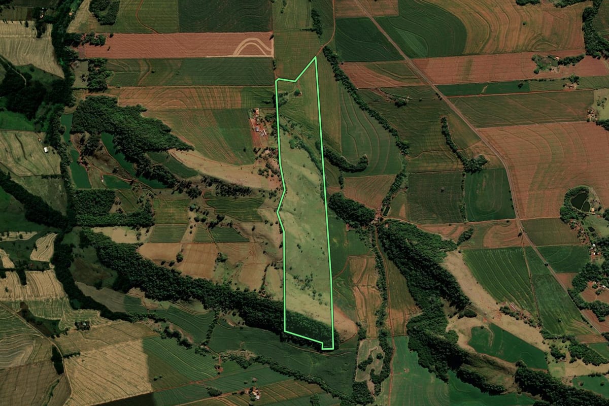 Imagem de satélite do imóvel rural em Kaloré (PR), com o contorno declarado no CAR desenhado por cima.