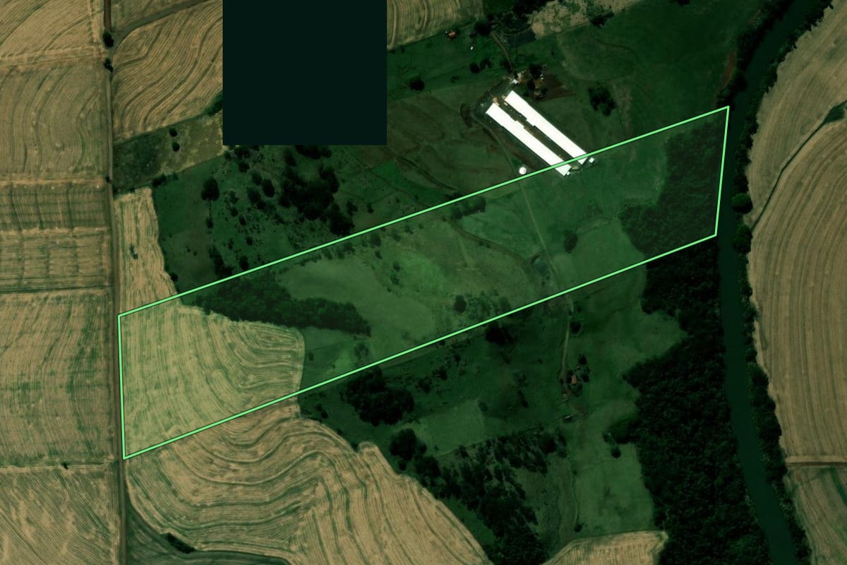 Imagem de satélite do imóvel rural em Kaloré (PR), com o contorno declarado no CAR desenhado por cima.