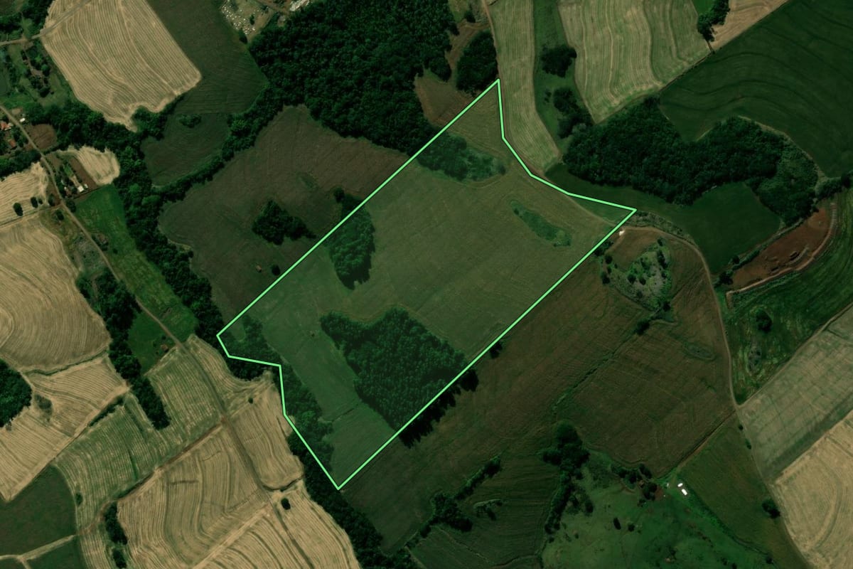 Imagem de satélite do imóvel rural em Kaloré (PR), com o contorno declarado no CAR desenhado por cima.