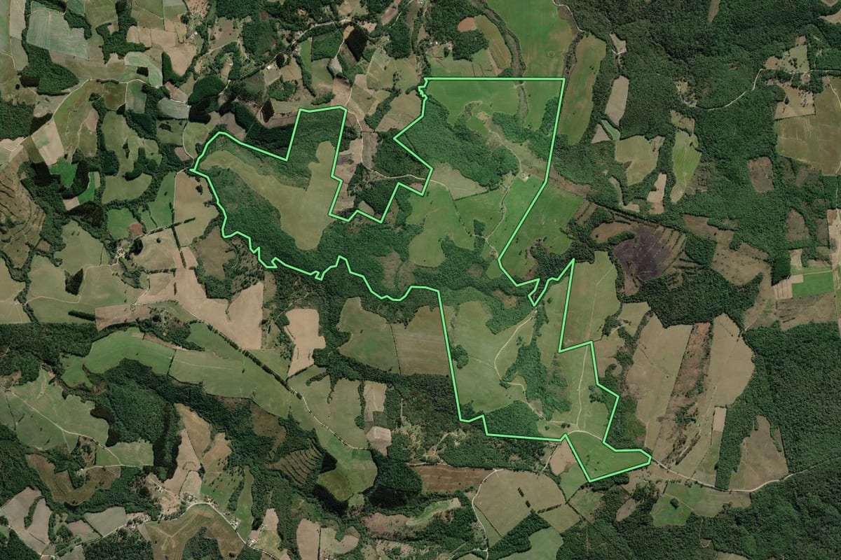 Imagem de satélite do imóvel rural em Lapa (PR), com o contorno declarado no CAR desenhado por cima.