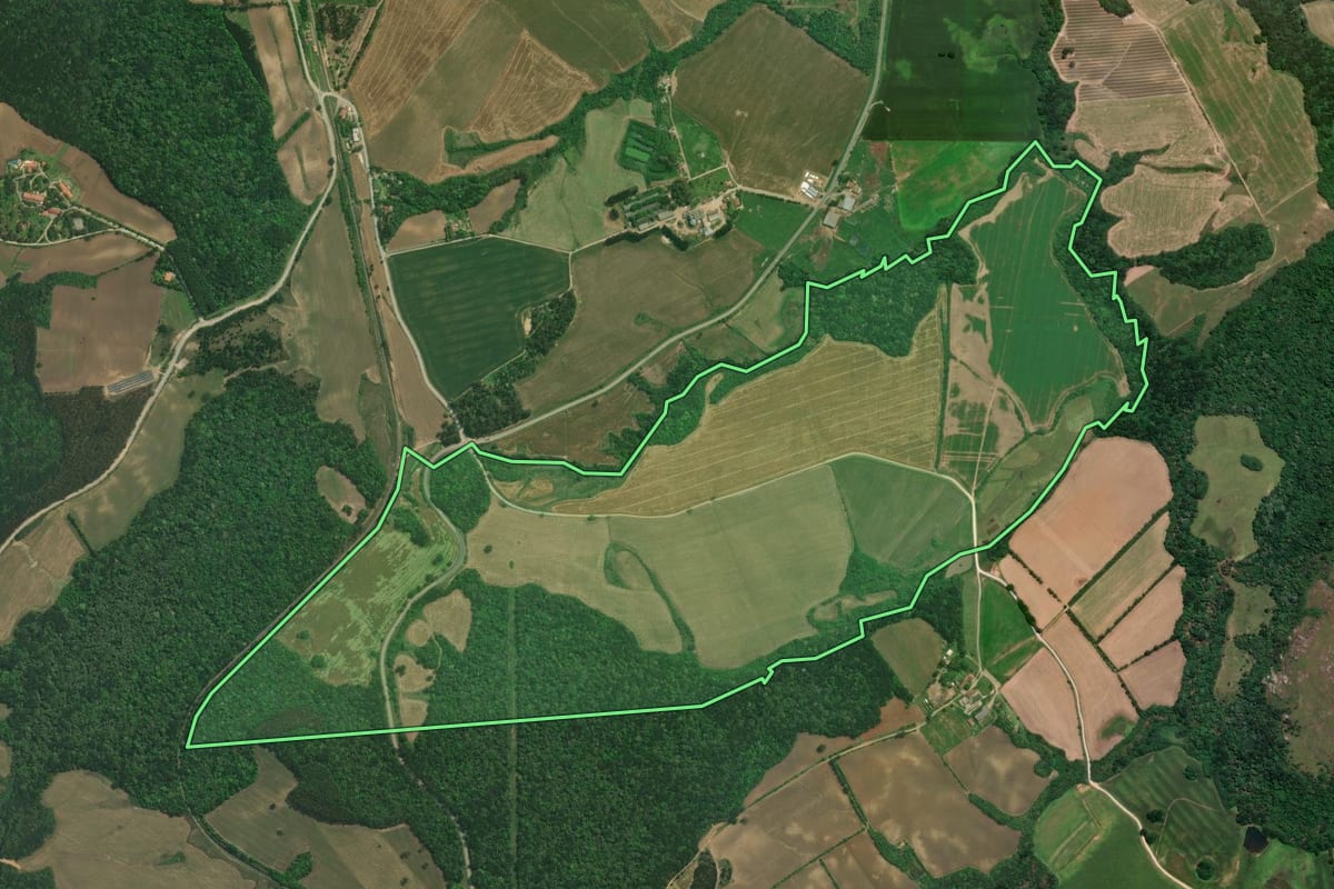 Imagem de satélite do imóvel rural em Lapa (PR), com o contorno declarado no CAR desenhado por cima.