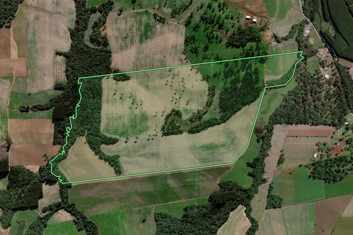 Imagem de satélite do imóvel rural em Lapa (PR), com o contorno declarado no CAR desenhado por cima.