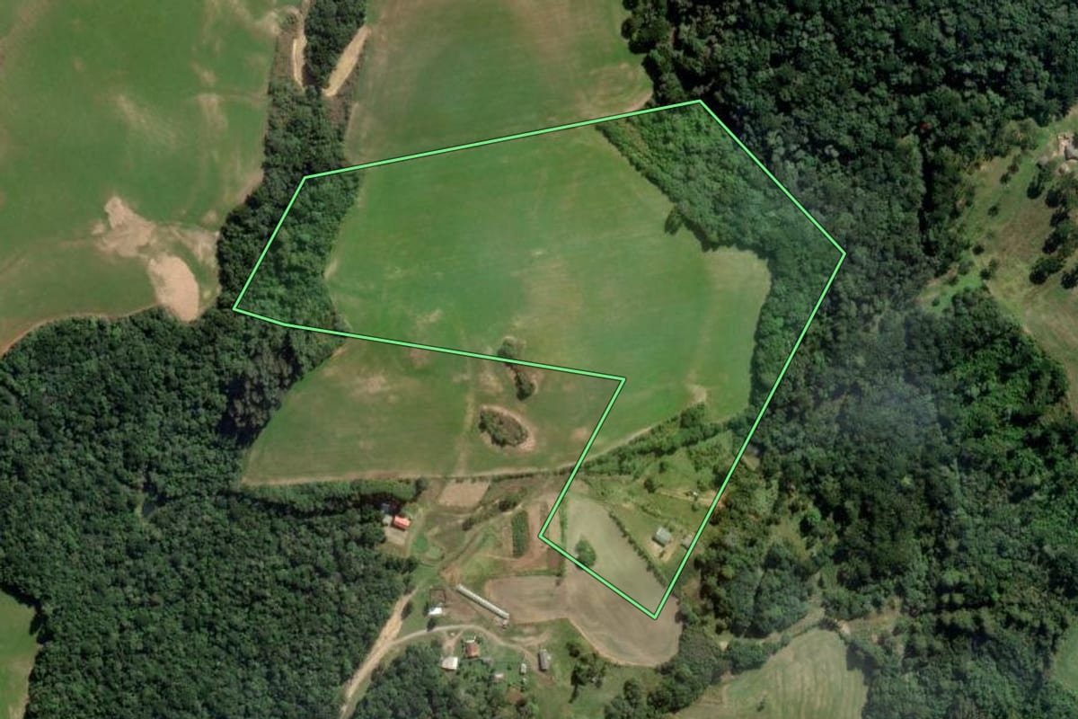 Imagem de satélite do imóvel rural em Lapa (PR), com o contorno declarado no CAR desenhado por cima.