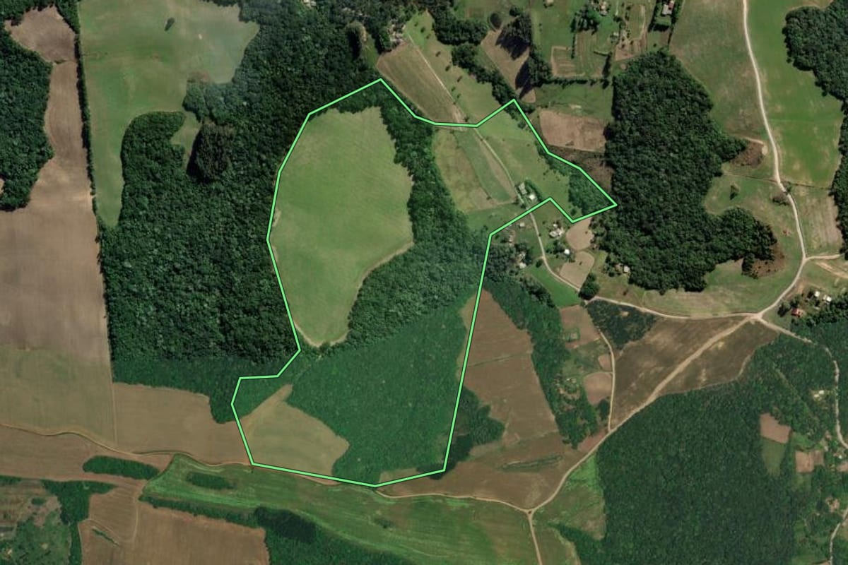 Imagem de satélite do imóvel rural em Lapa (PR), com o contorno declarado no CAR desenhado por cima.