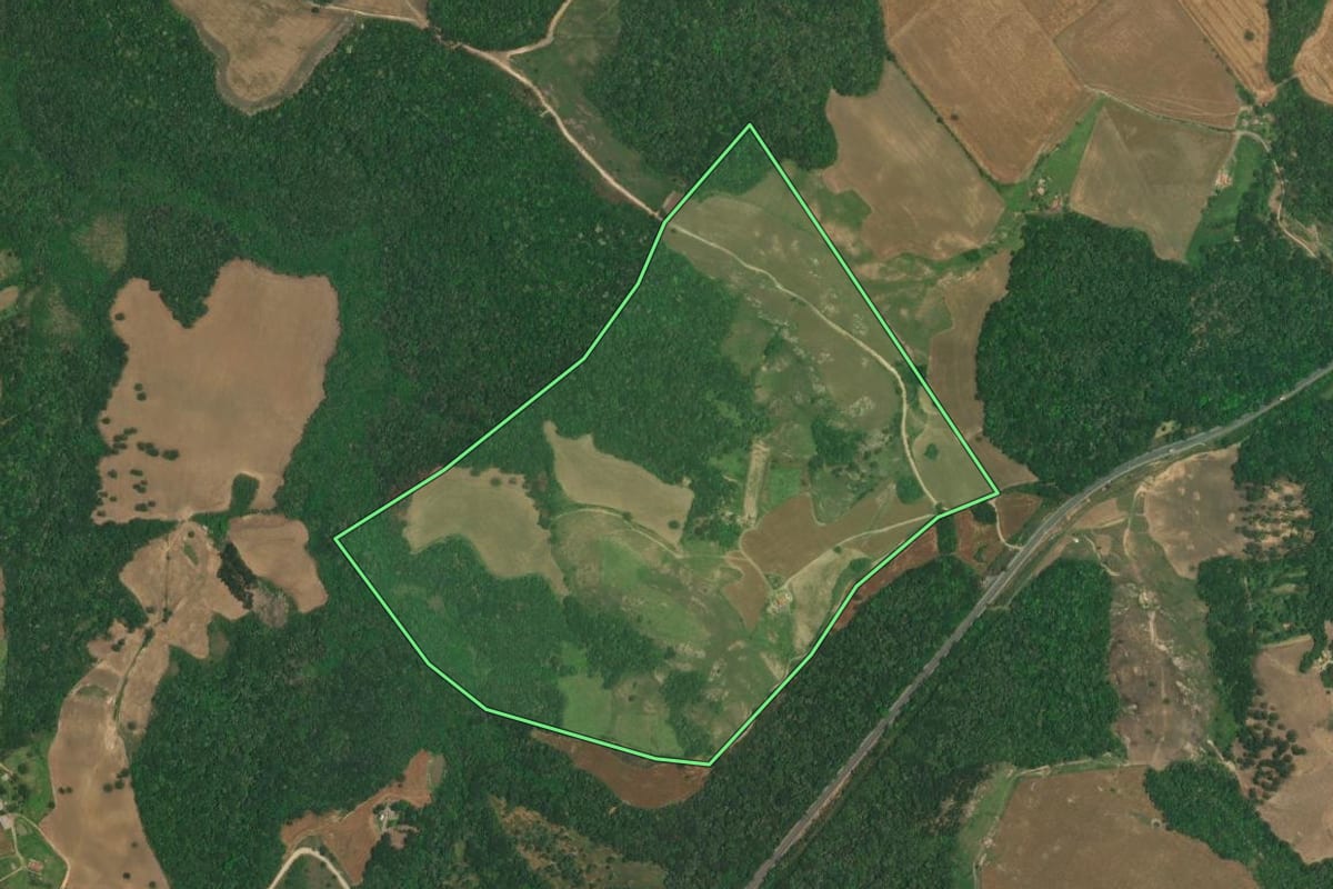 Imagem de satélite do imóvel rural em Lapa (PR), com o contorno declarado no CAR desenhado por cima.