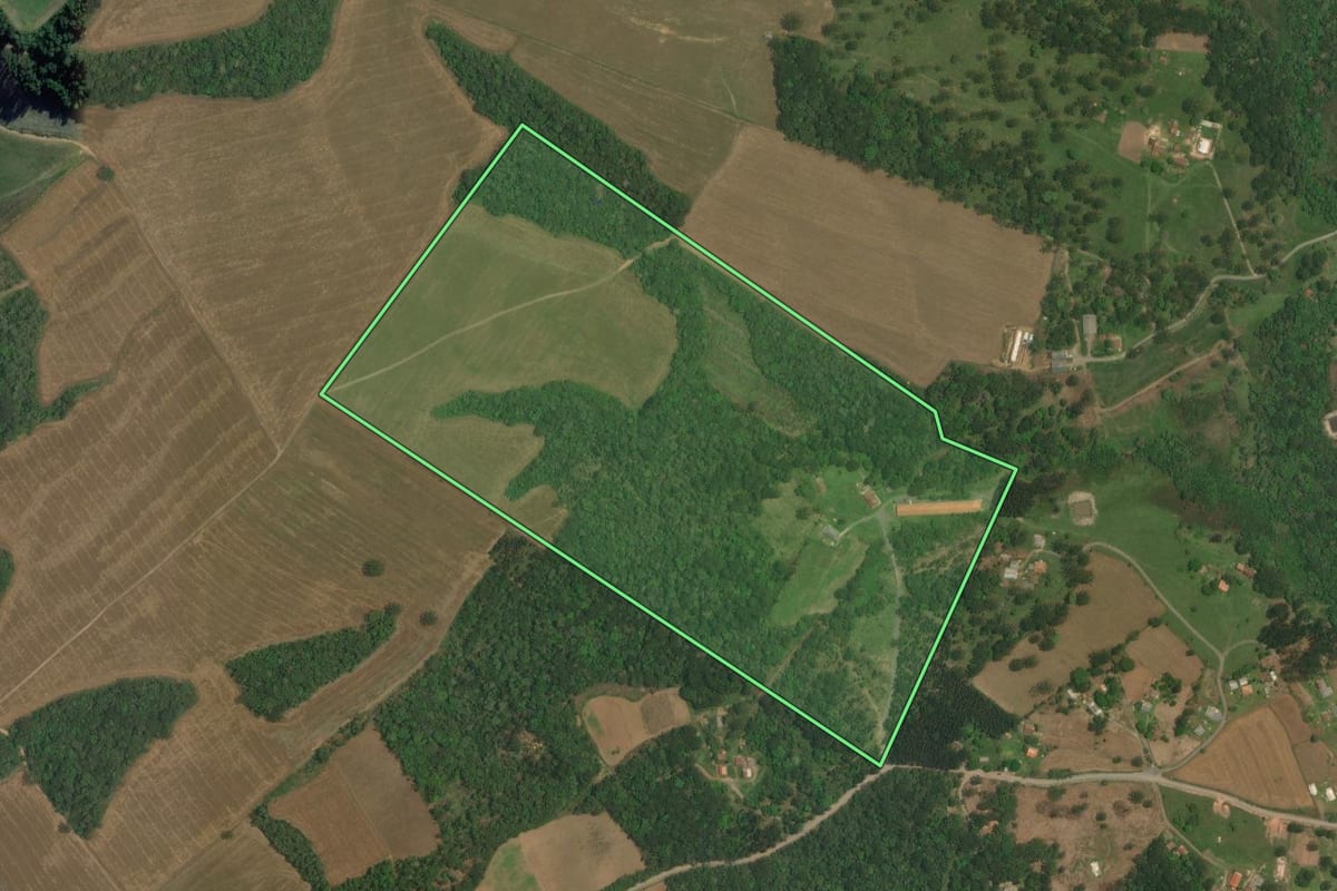 Imagem de satélite do imóvel rural em Lapa (PR), com o contorno declarado no CAR desenhado por cima.