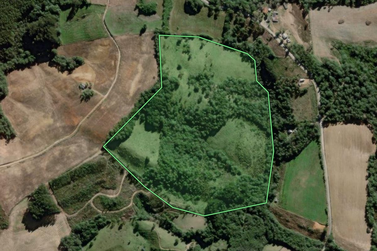 Imagem de satélite do imóvel rural em Lapa (PR), com o contorno declarado no CAR desenhado por cima.