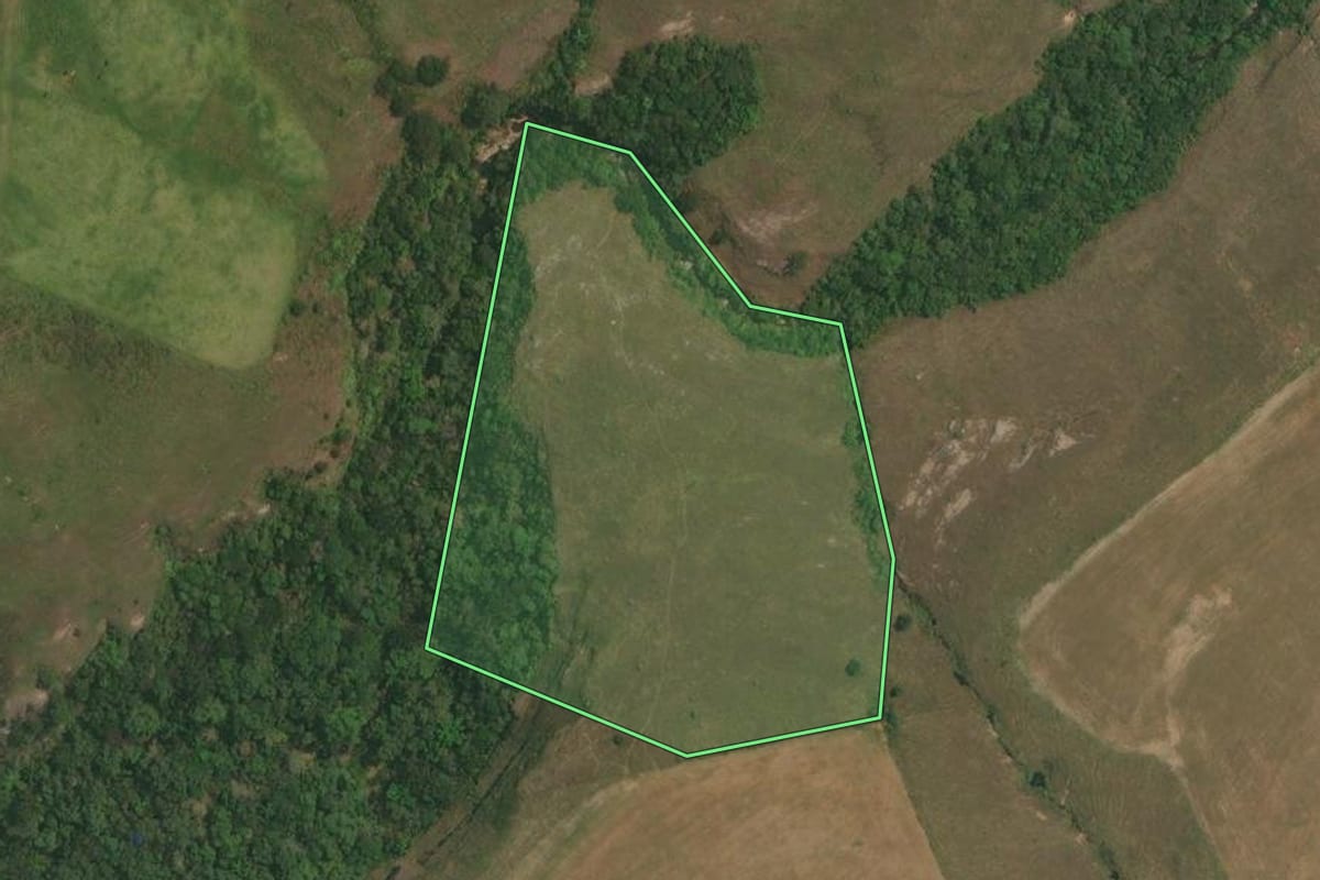 Imagem de satélite do imóvel rural em Lapa (PR), com o contorno declarado no CAR desenhado por cima.
