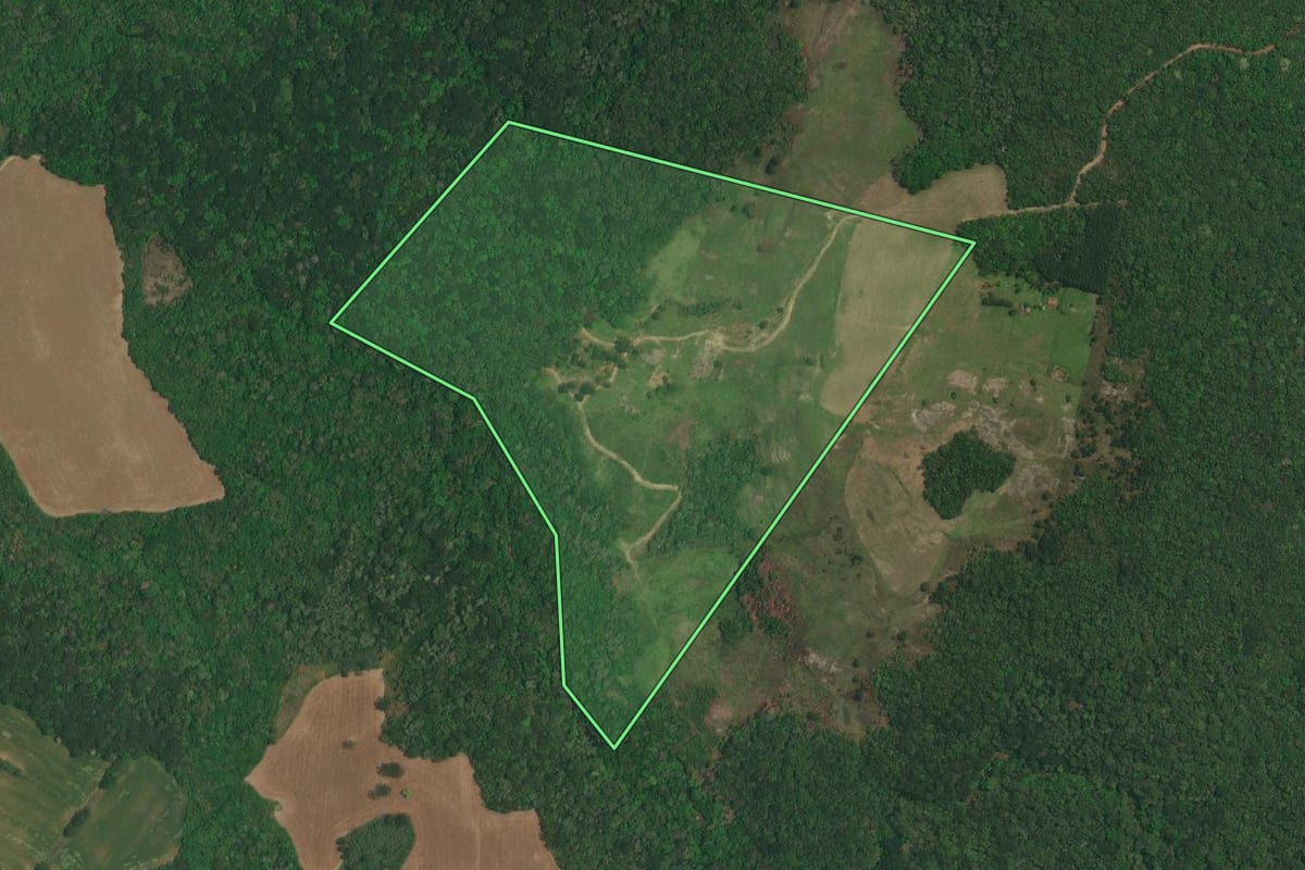 Imagem de satélite do imóvel rural em Lapa (PR), com o contorno declarado no CAR desenhado por cima.