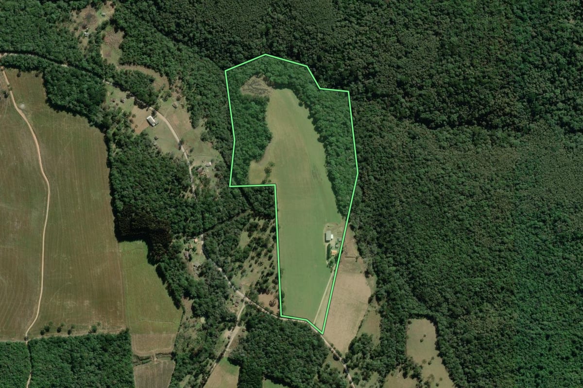 Imagem de satélite do imóvel rural em Lapa (PR), com o contorno declarado no CAR desenhado por cima.