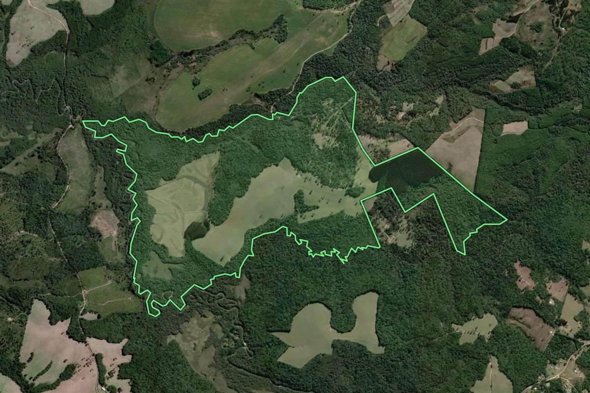 Imagem de satélite do imóvel rural em Lapa (PR), com o contorno declarado no CAR desenhado por cima.