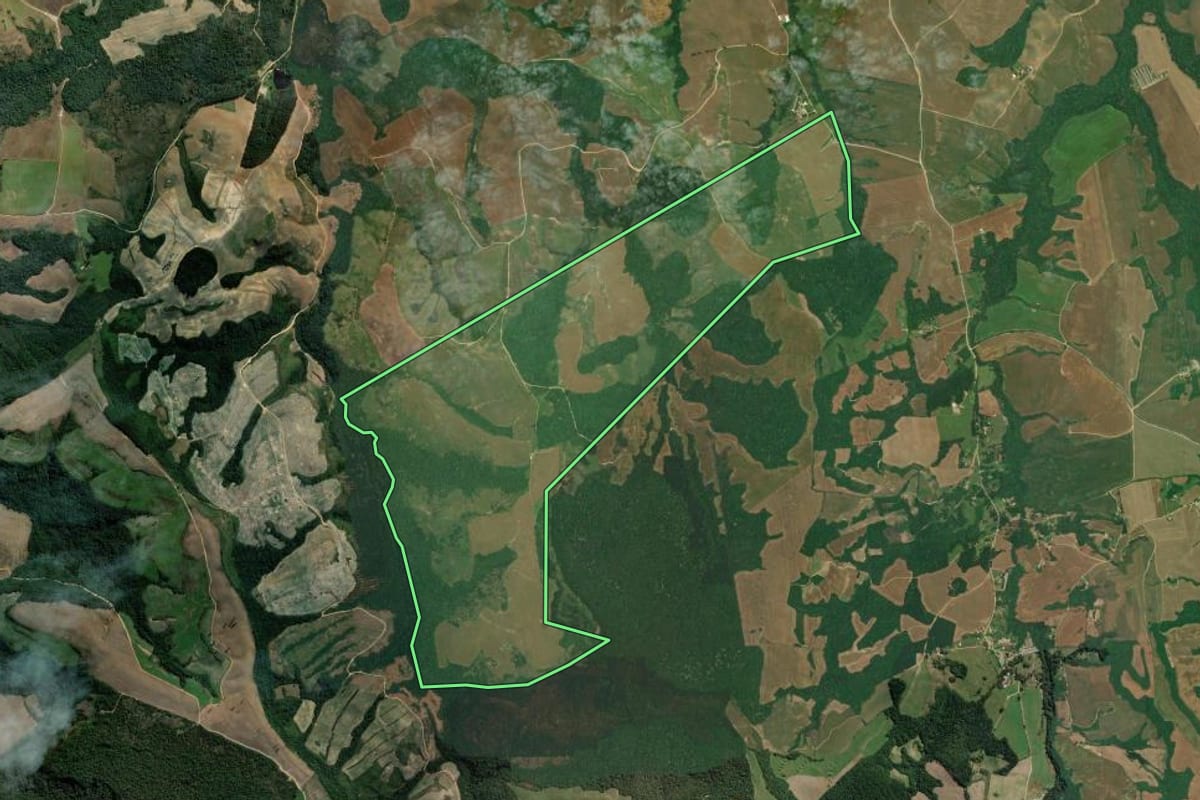 Imagem de satélite do imóvel rural em Lapa (PR), com o contorno declarado no CAR desenhado por cima.