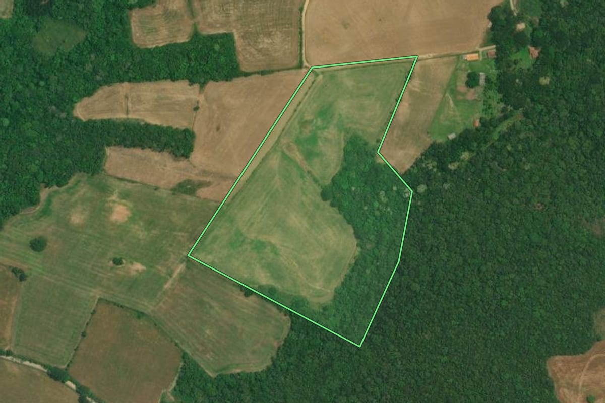 Imagem de satélite do imóvel rural em Lapa (PR), com o contorno declarado no CAR desenhado por cima.