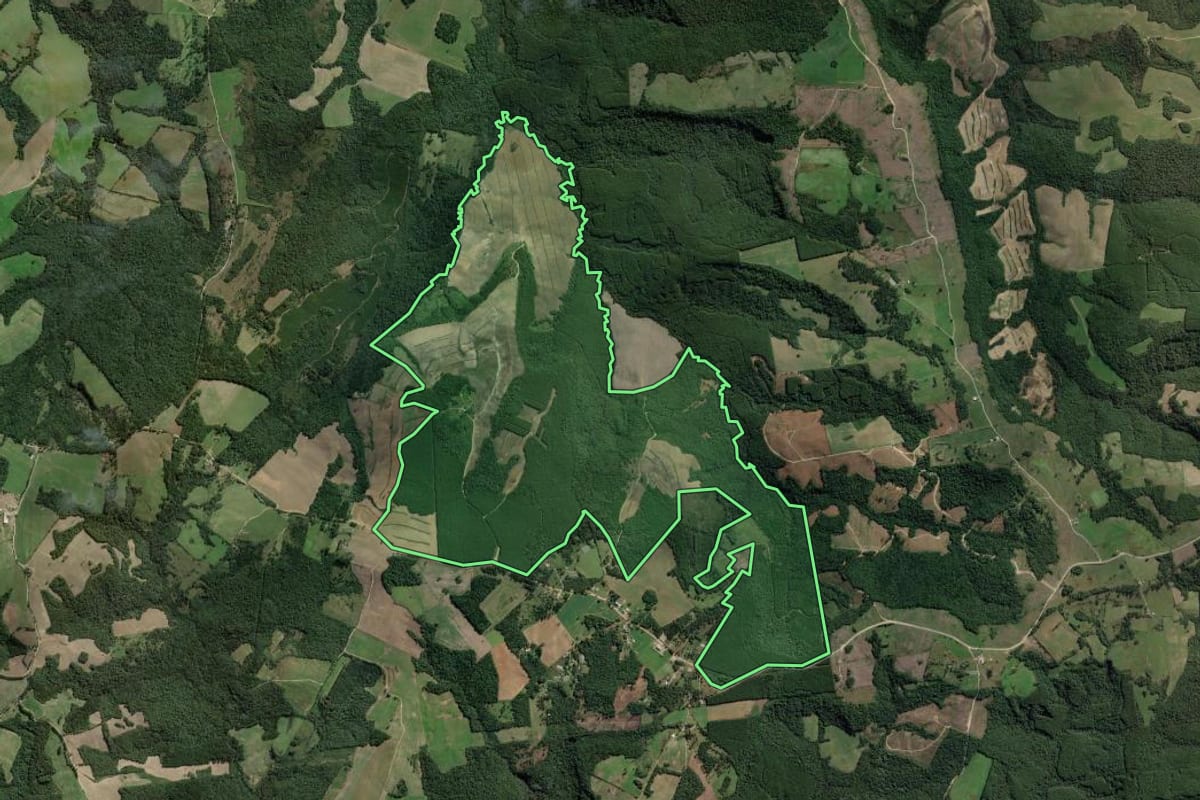 Imagem de satélite do imóvel rural em Lapa (PR), com o contorno declarado no CAR desenhado por cima.