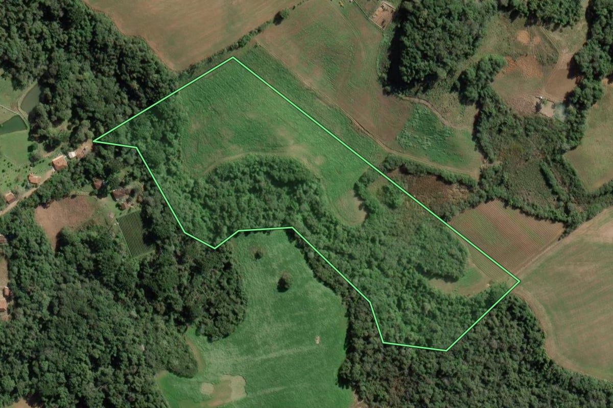 Imagem de satélite do imóvel rural em Lapa (PR), com o contorno declarado no CAR desenhado por cima.