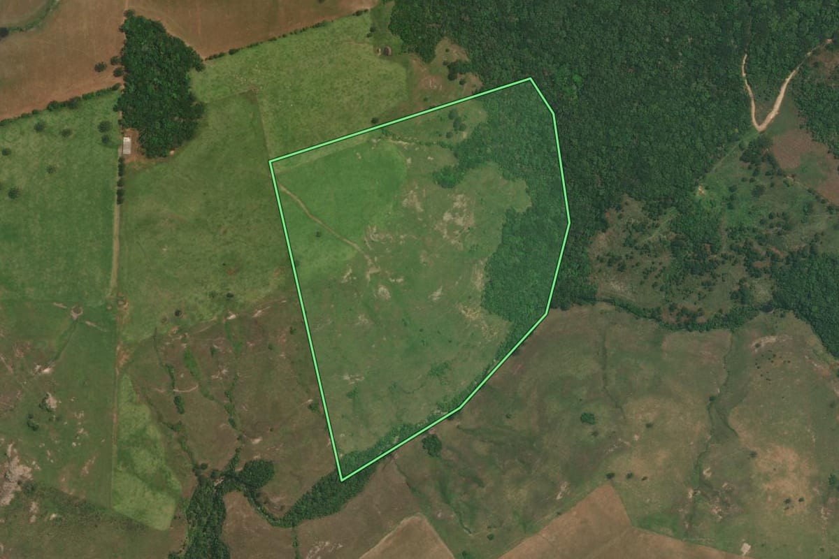 Imagem de satélite do imóvel rural em Lapa (PR), com o contorno declarado no CAR desenhado por cima.