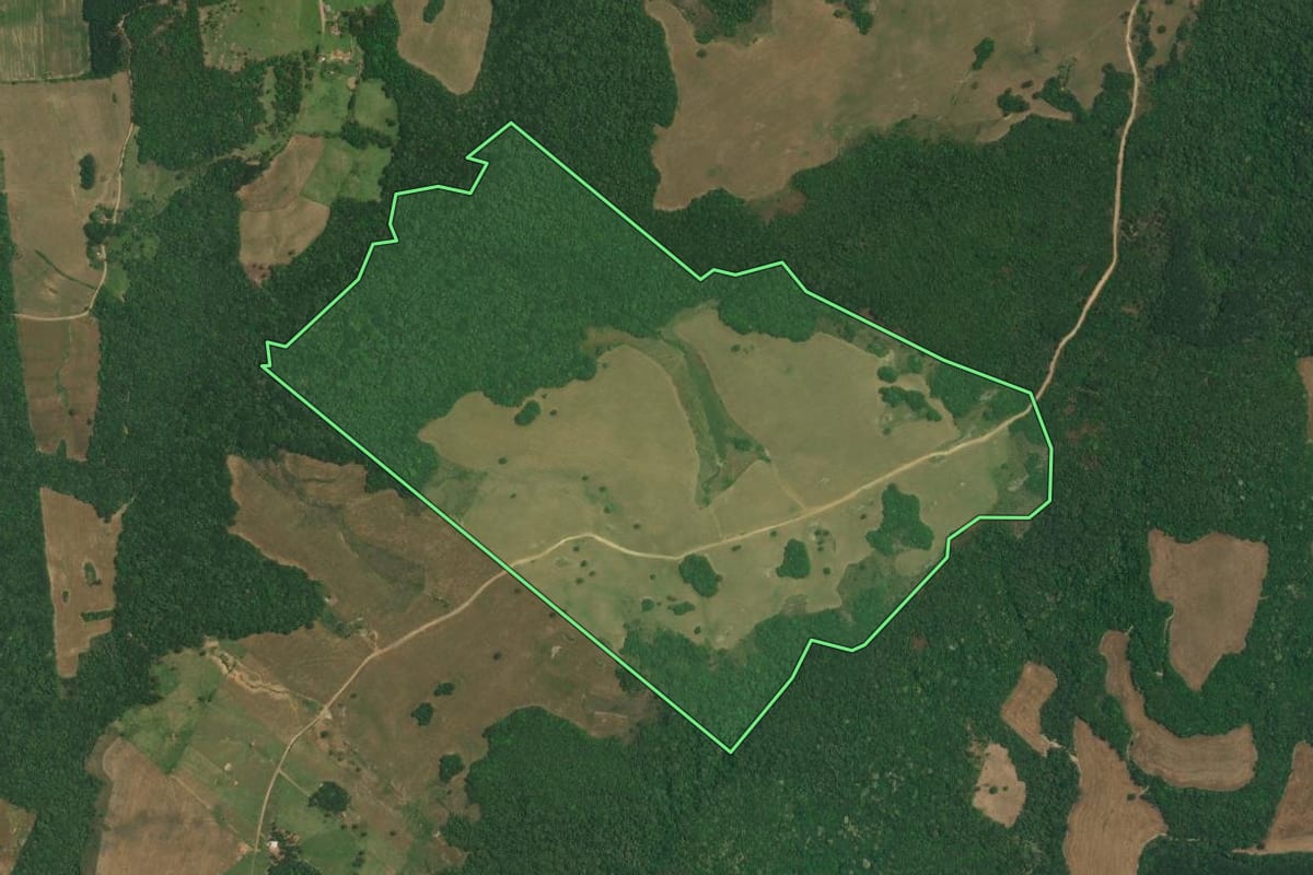 Imagem de satélite do imóvel rural em Lapa (PR), com o contorno declarado no CAR desenhado por cima.