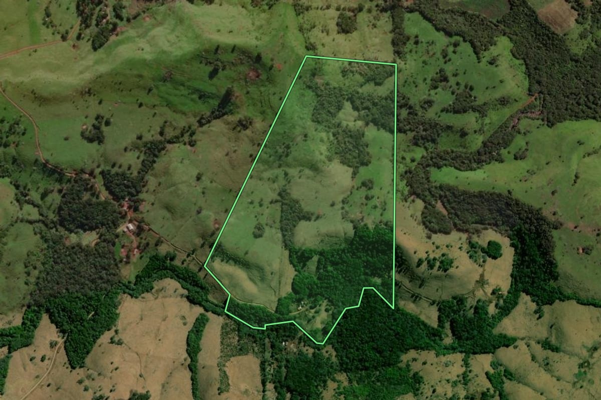 Imagem de satélite do imóvel rural em Laranjal (PR), com o contorno declarado no CAR desenhado por cima.