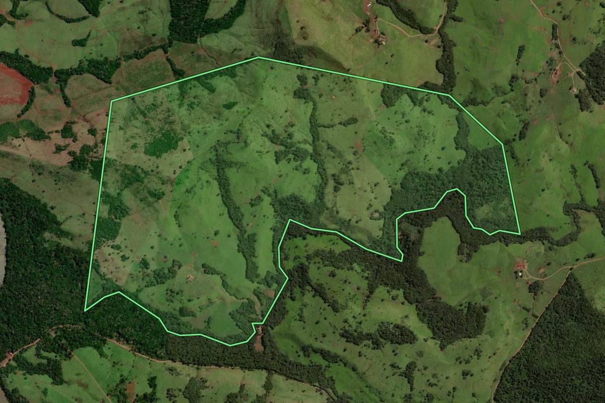Imagem de satélite do imóvel rural em Laranjal (PR), com o contorno declarado no CAR desenhado por cima.