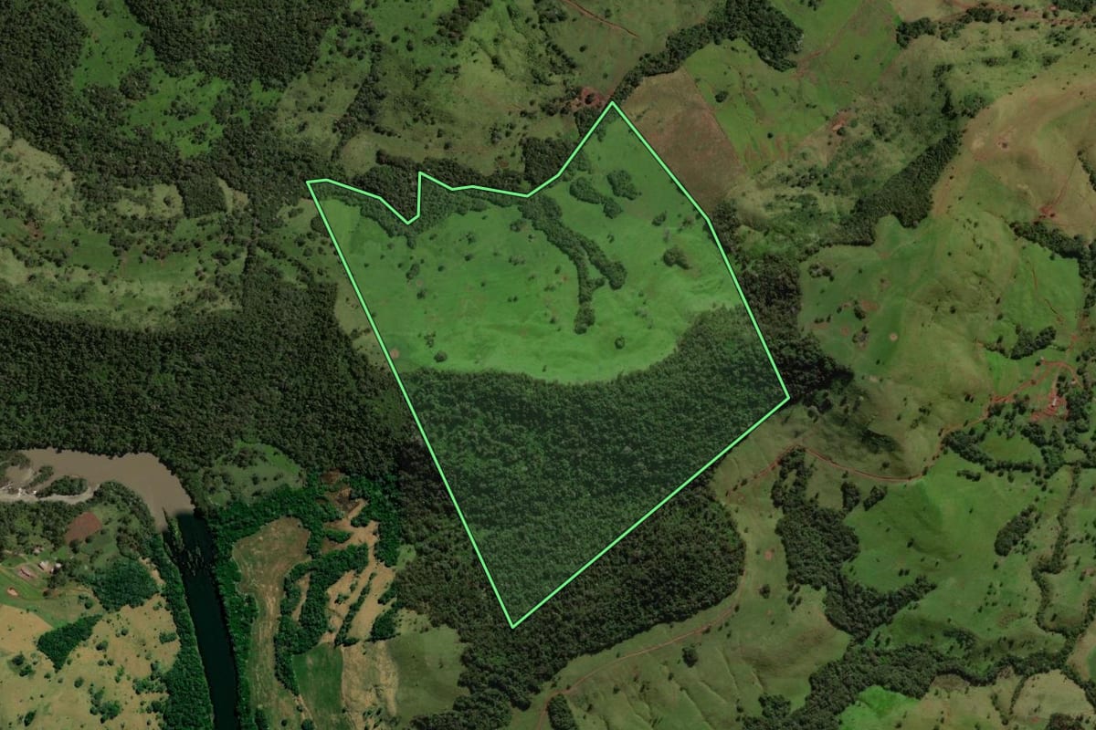 Imagem de satélite do imóvel rural em Laranjal (PR), com o contorno declarado no CAR desenhado por cima.