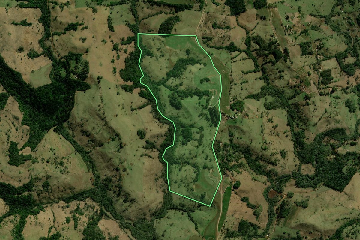 Imagem de satélite do imóvel rural em Laranjal (PR), com o contorno declarado no CAR desenhado por cima.