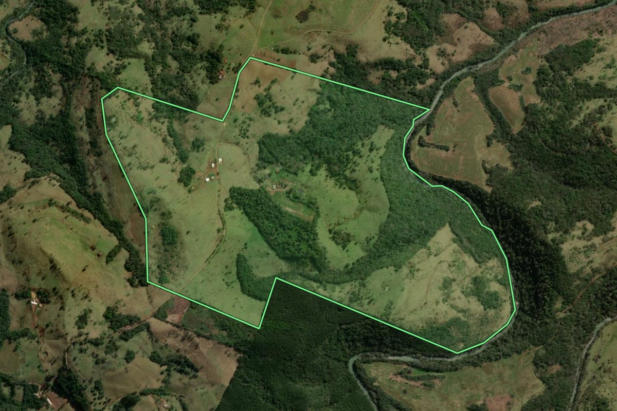 Imagem de satélite do imóvel rural em Laranjeiras do Sul (PR), com o contorno declarado no CAR desenhado por cima.
