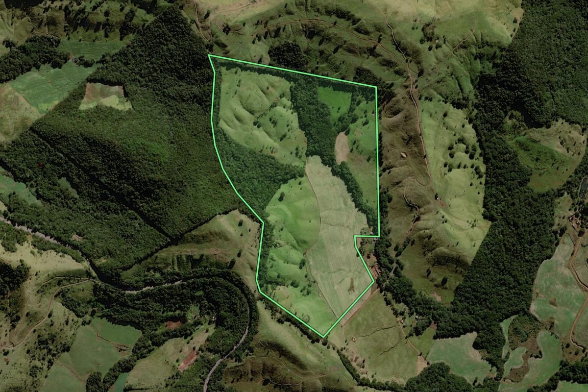Imagem de satélite do imóvel rural em Laranjeiras do Sul (PR), com o contorno declarado no CAR desenhado por cima.