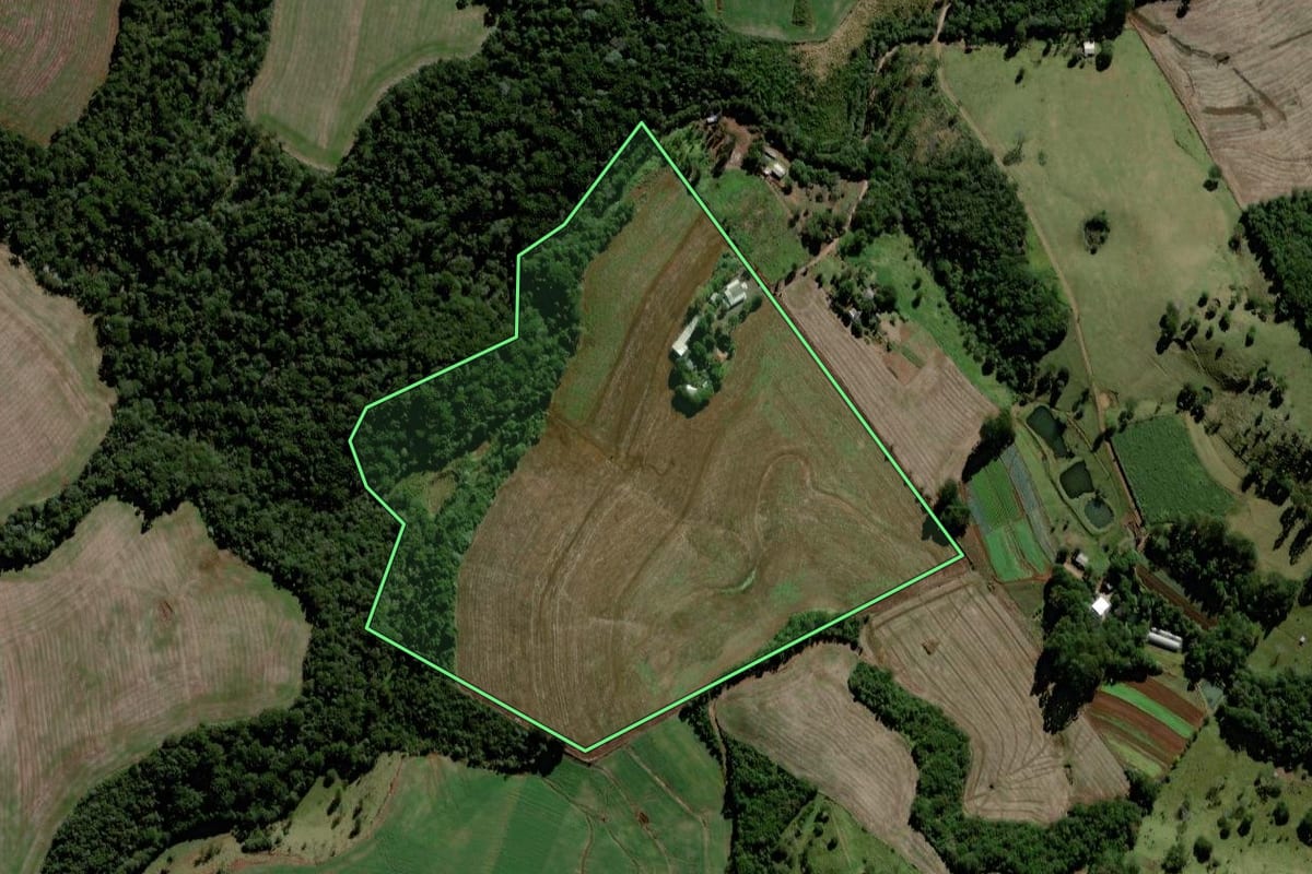 Imagem de satélite do imóvel rural em Laranjeiras do Sul (PR), com o contorno declarado no CAR desenhado por cima.