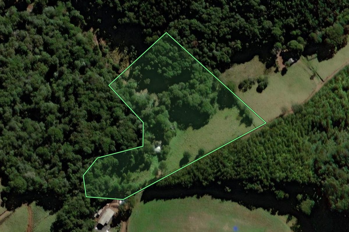 Imagem de satélite do imóvel rural em Laranjeiras do Sul (PR), com o contorno declarado no CAR desenhado por cima.