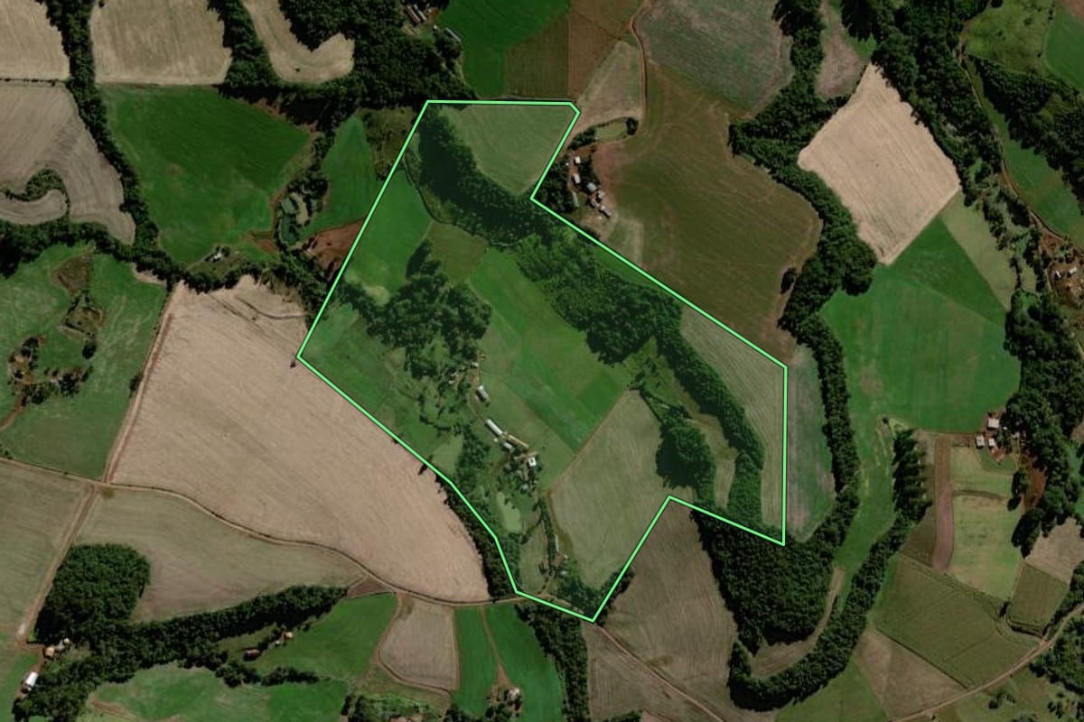 Imagem de satélite do imóvel rural em Laranjeiras do Sul (PR), com o contorno declarado no CAR desenhado por cima.