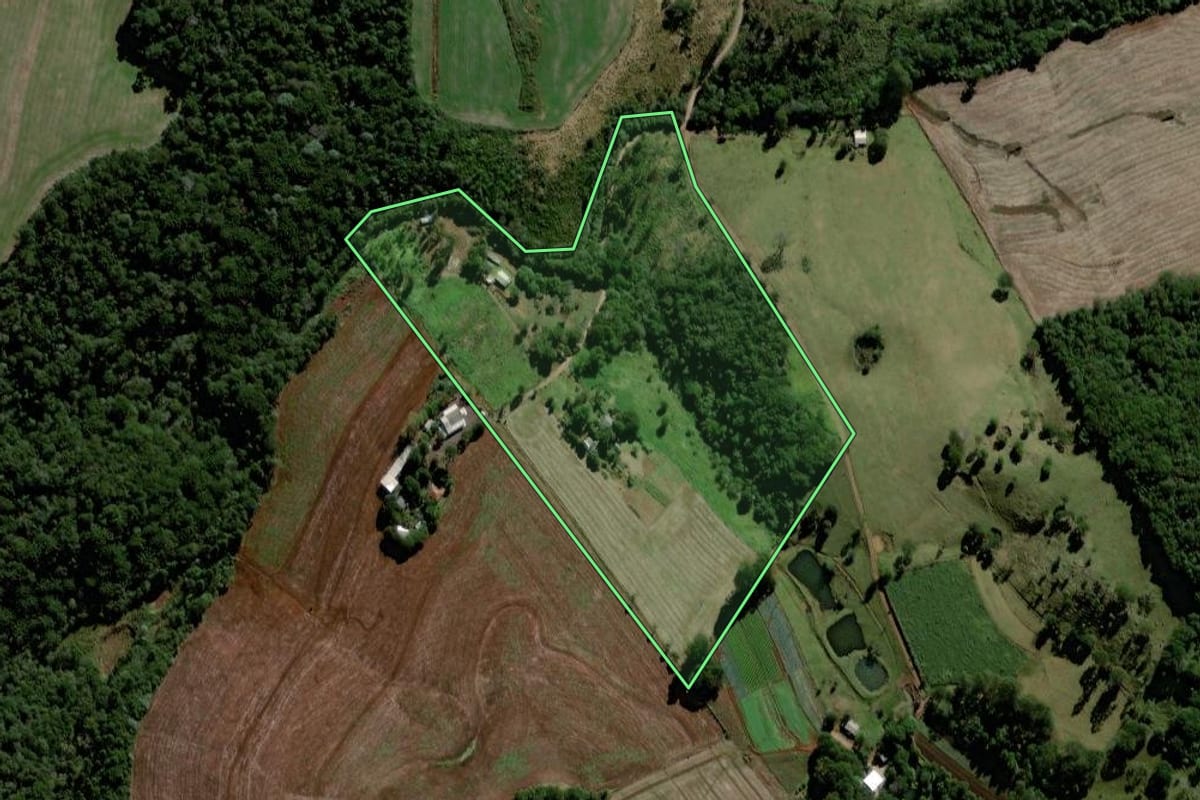 Imagem de satélite do imóvel rural em Laranjeiras do Sul (PR), com o contorno declarado no CAR desenhado por cima.