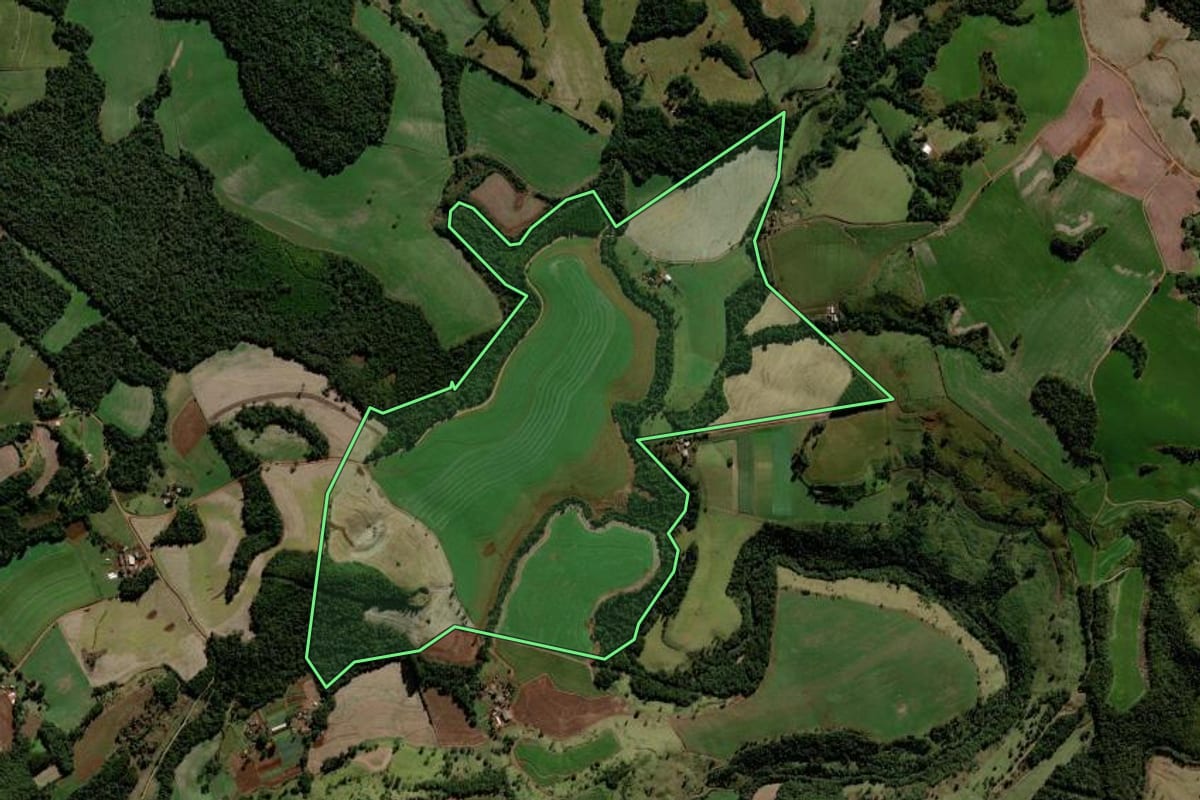 Imagem de satélite do imóvel rural em Laranjeiras do Sul (PR), com o contorno declarado no CAR desenhado por cima.
