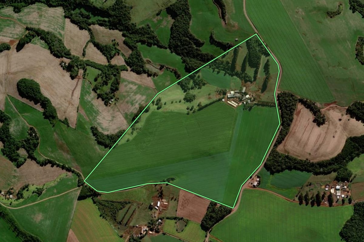 Imagem de satélite do imóvel rural em Laranjeiras do Sul (PR), com o contorno declarado no CAR desenhado por cima.