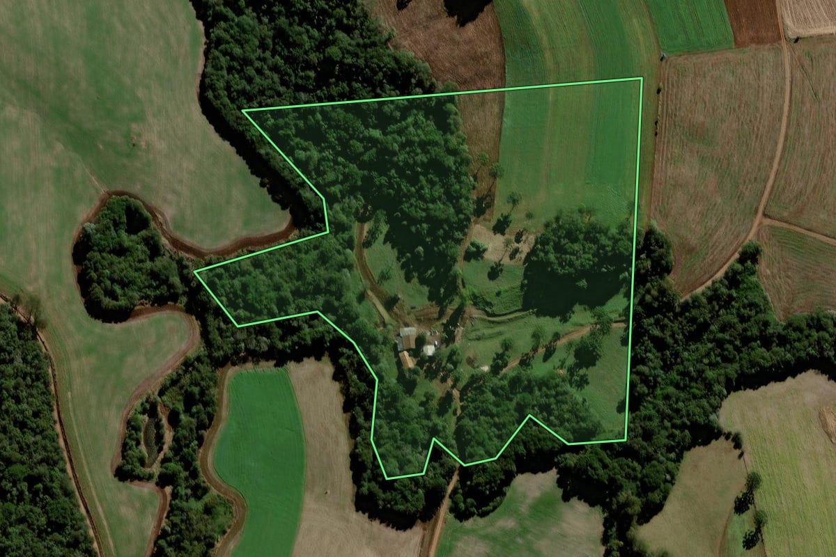 Imagem de satélite do imóvel rural em Laranjeiras do Sul (PR), com o contorno declarado no CAR desenhado por cima.