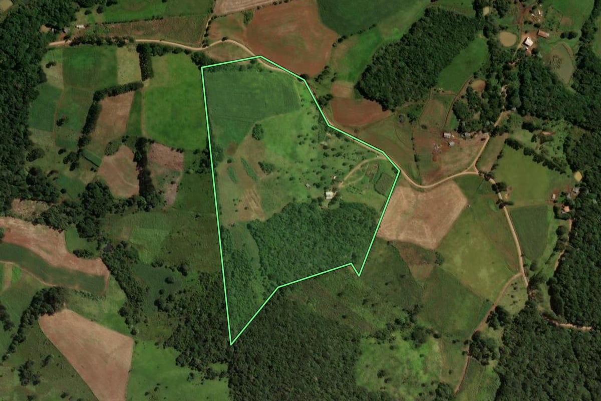 Imagem de satélite do imóvel rural em Laranjeiras do Sul (PR), com o contorno declarado no CAR desenhado por cima.