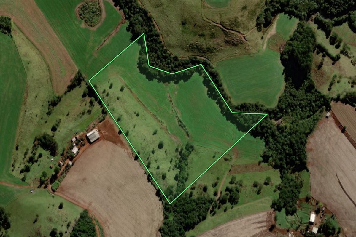 Imagem de satélite do imóvel rural em Laranjeiras do Sul (PR), com o contorno declarado no CAR desenhado por cima.