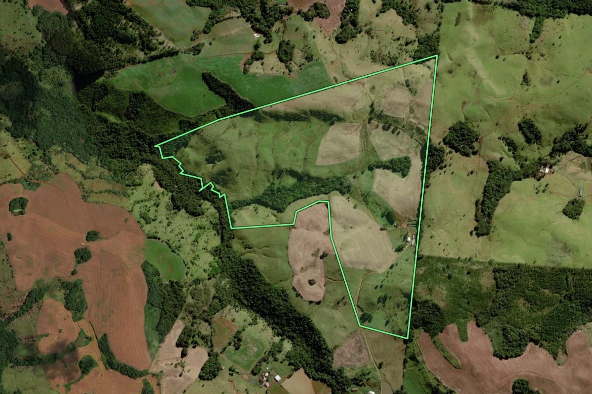 Imagem de satélite do imóvel rural em Laranjeiras do Sul (PR), com o contorno declarado no CAR desenhado por cima.