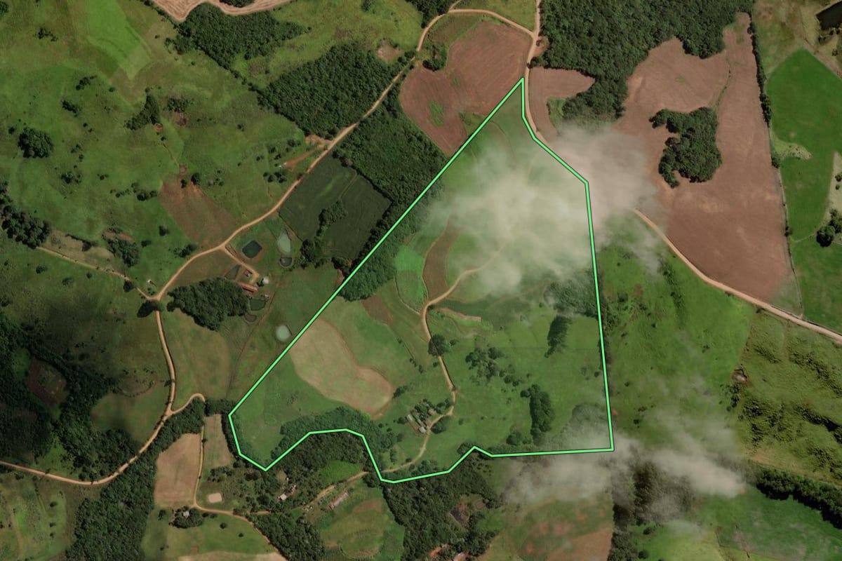 Imagem de satélite do imóvel rural em Laranjeiras do Sul (PR), com o contorno declarado no CAR desenhado por cima.