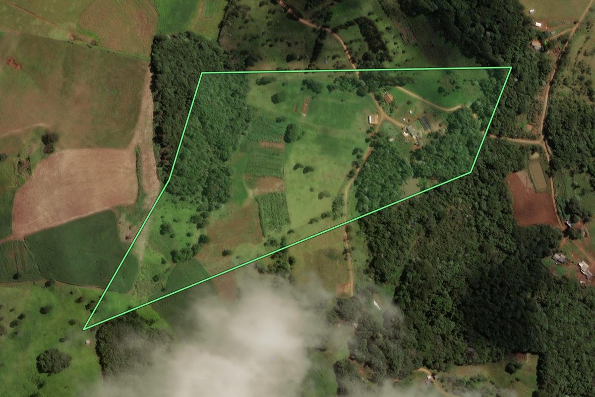Imagem de satélite do imóvel rural em Laranjeiras do Sul (PR), com o contorno declarado no CAR desenhado por cima.