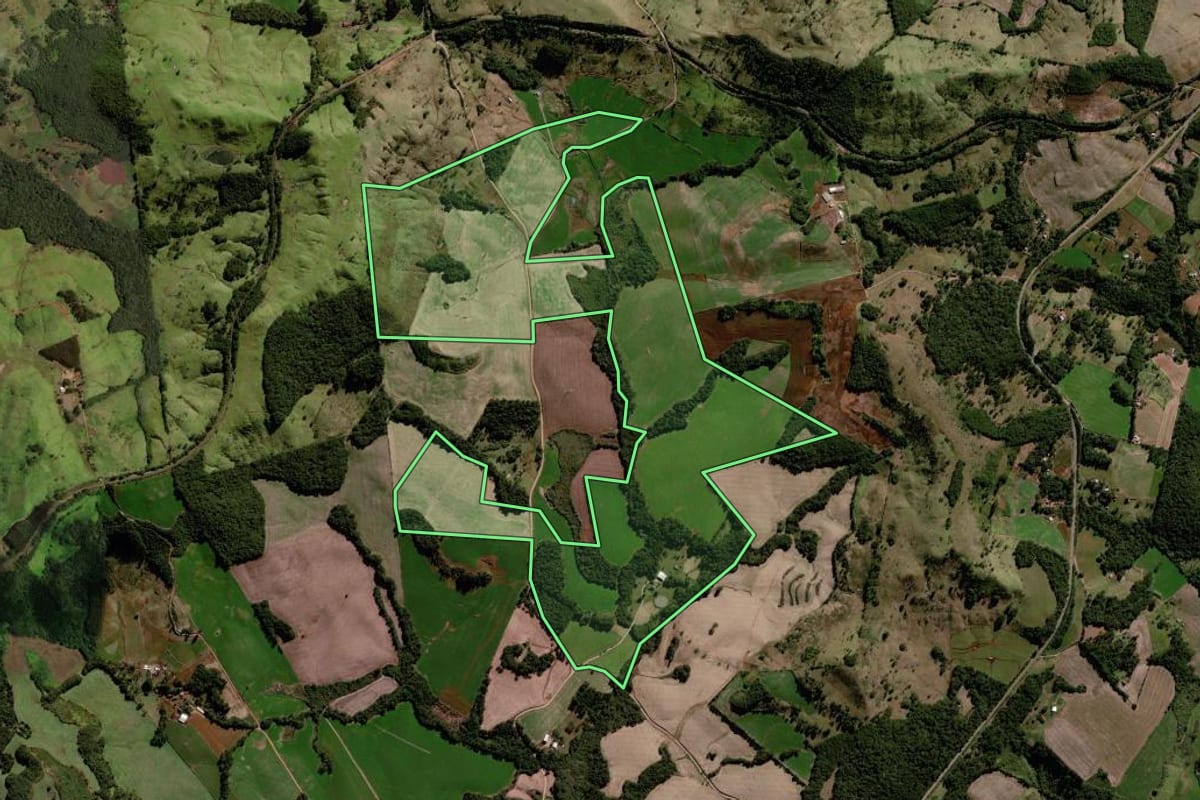 Imagem de satélite do imóvel rural em Laranjeiras do Sul (PR), com o contorno declarado no CAR desenhado por cima.
