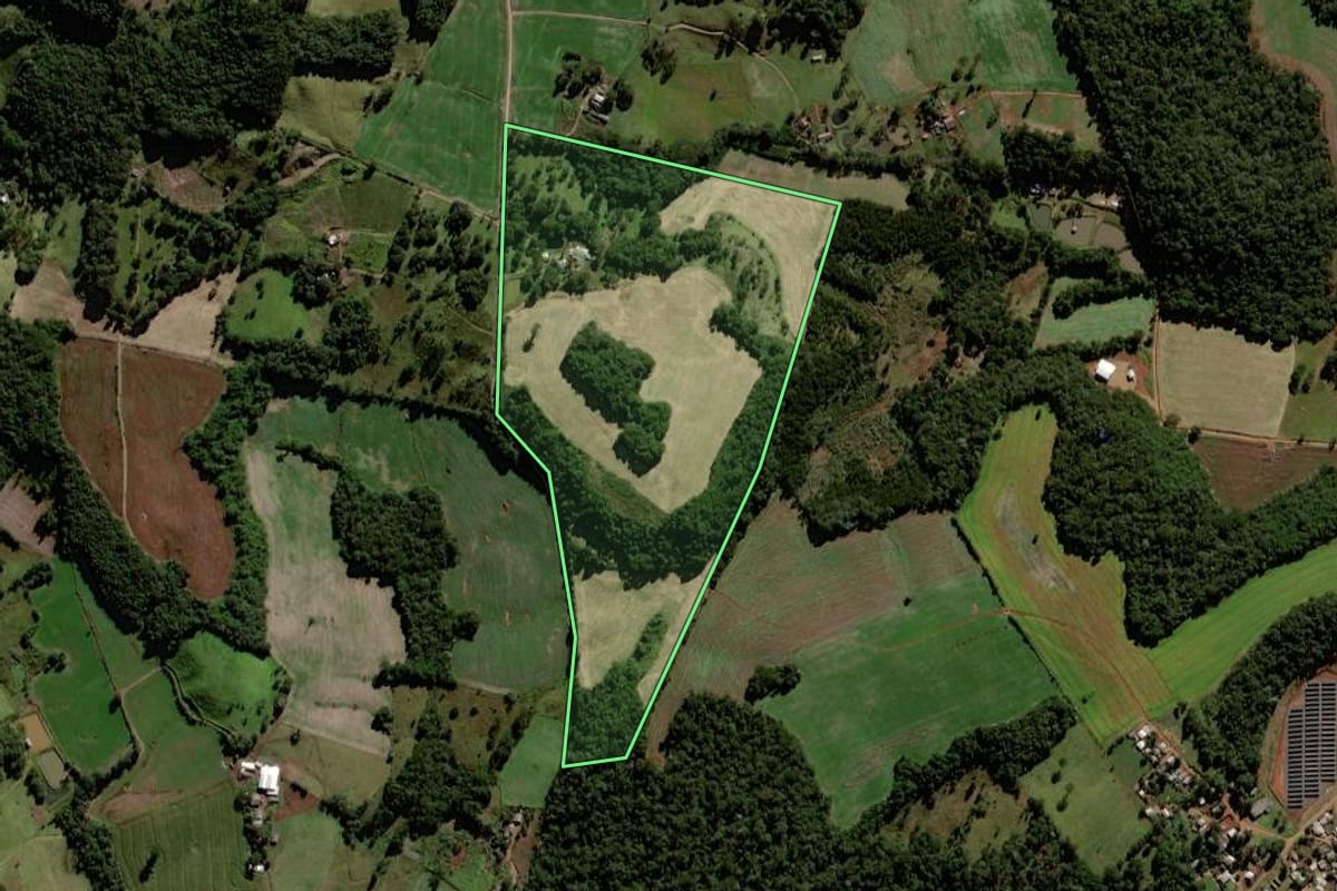 Imagem de satélite do imóvel rural em Laranjeiras do Sul (PR), com o contorno declarado no CAR desenhado por cima.