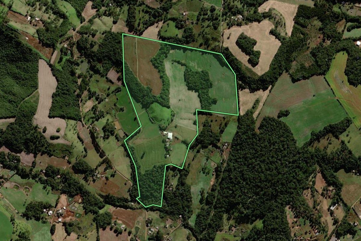 Imagem de satélite do imóvel rural em Laranjeiras do Sul (PR), com o contorno declarado no CAR desenhado por cima.