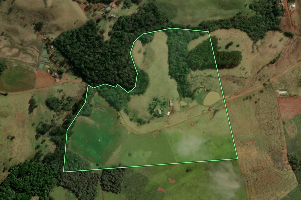 Imagem de satélite do imóvel rural em Laranjeiras do Sul (PR), com o contorno declarado no CAR desenhado por cima.