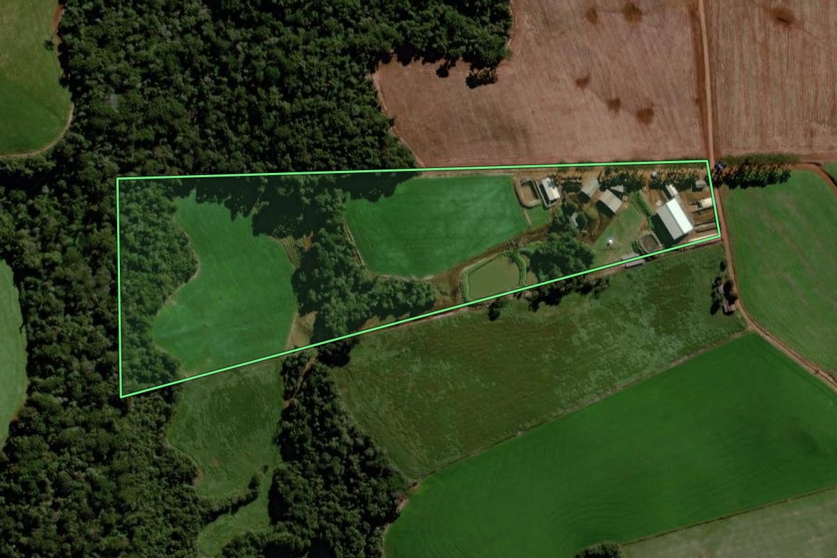 Imagem de satélite do imóvel rural em Laranjeiras do Sul (PR), com o contorno declarado no CAR desenhado por cima.